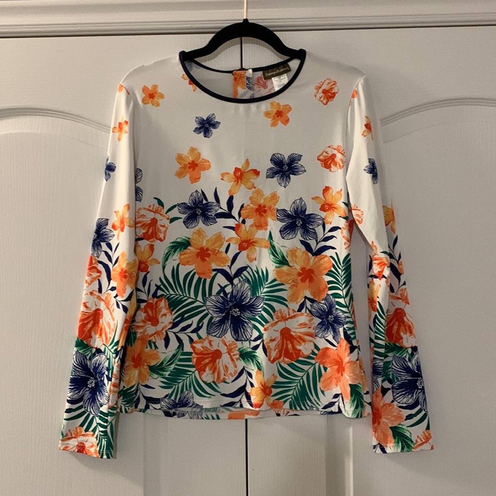 Tommy Bahama White Floral Long Sleeve Tee with Orange & Blue Flowers